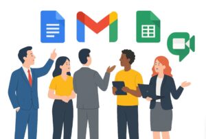 Grupo de profesionales conectados a herramientas de Google Workspace como Gmail, Docs, Sheets y Meet