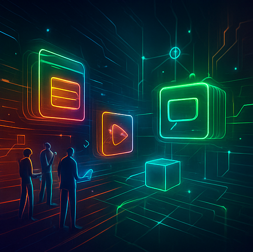 Imagen futurista de usuarios interactuando en Google Workspace tras migrar desde Gmail, con estilo irreal y colores eléctricos.