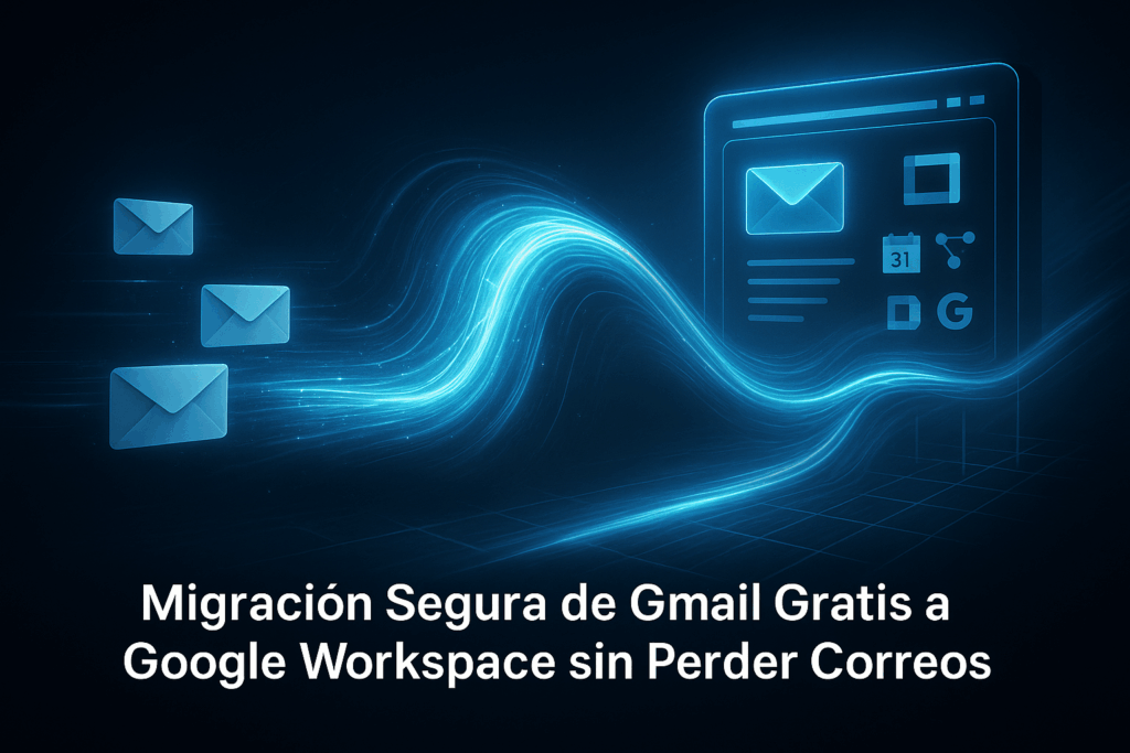 Ilustración digital con estilo metálico y tonos eléctricos que representa una migración segura de Gmail gratis a Google Workspace sin perder correos, simbolizando transferencia de datos estable y profesional.