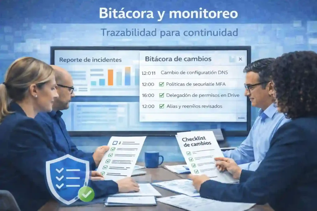 Equipo de TI revisando documentación y bitácora de cambios