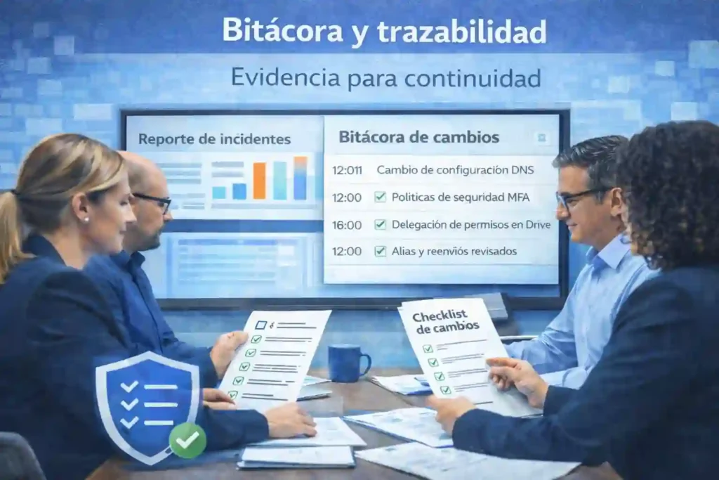 Equipo de TI revisando bitácora, reportes y checklist de cambios
