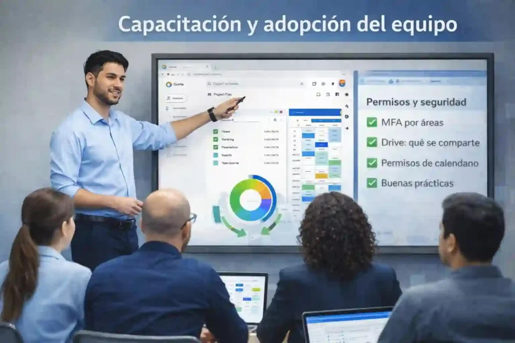 Equipo de TI capacitando usuarios en herramientas colaborativas