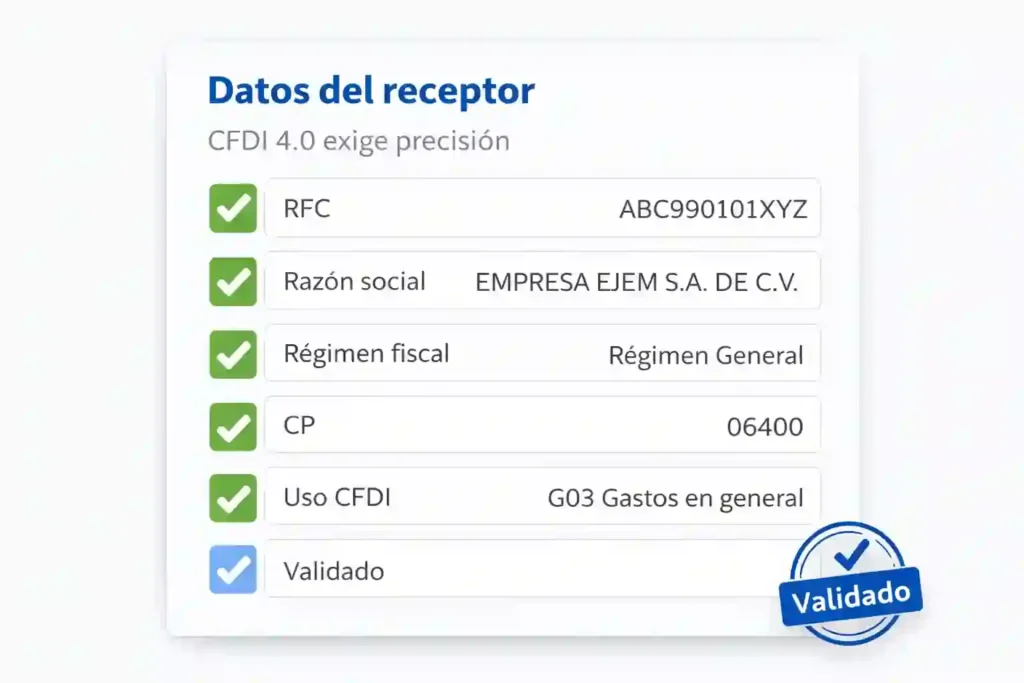 datos del receptor CFDI 4.0 para Google Workspace (RFC, régimen, CP)