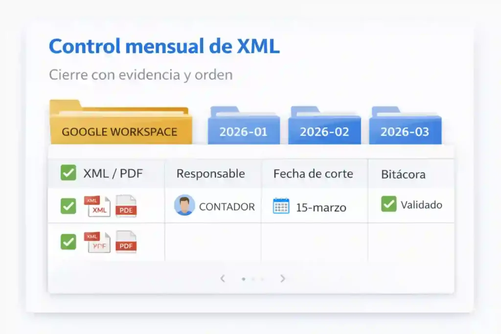 control mensual para Google Workspace sin CFDI: carpeta de XML y validación
