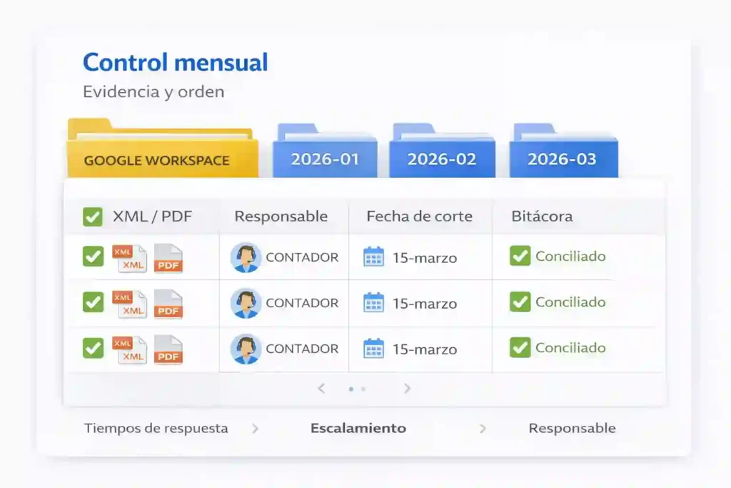 control mensual de XML y conciliación de facturas de Workspace