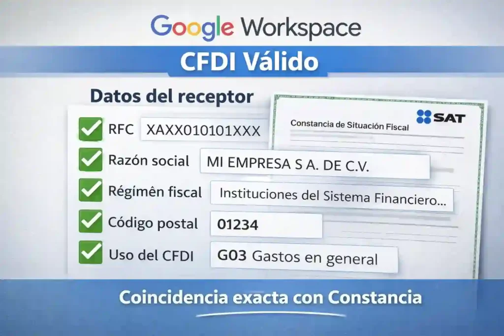 Google Workspace con CFDI válido con datos fiscales del receptor correctos