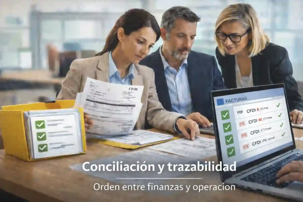 equipo de finanzas y TI revisando conciliación y evidencias fiscales