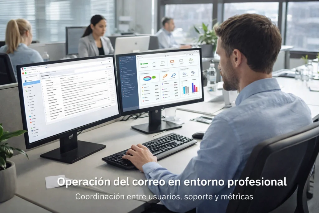 equipo administrativo revisando correo corporativo y soporte en oficina moderna