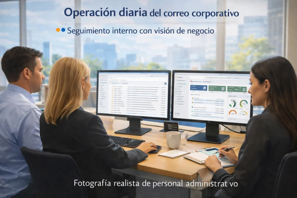 equipo administrativo revisando correo empresarial y tablero operativo