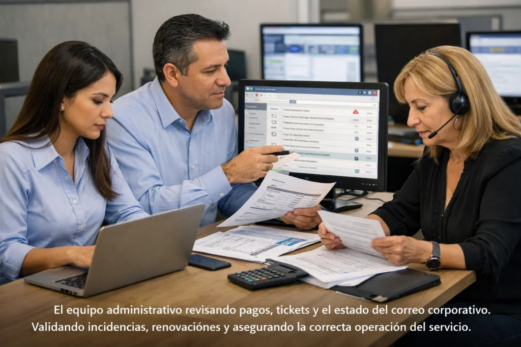 equipo administrativo revisando cobros, tickets y operación del correo corporativo