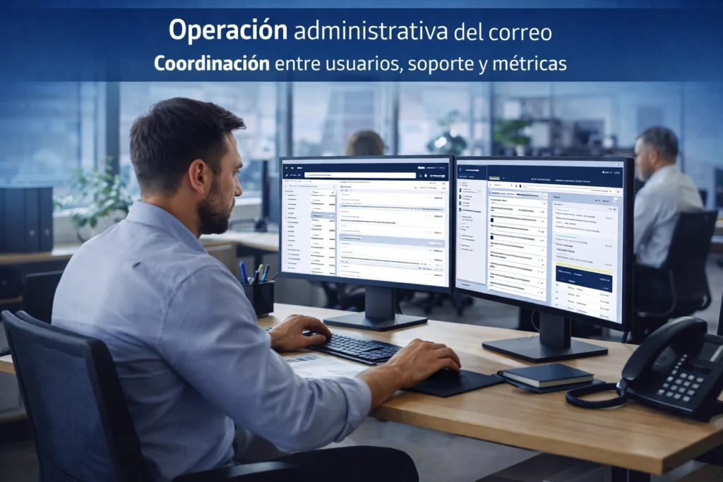 equipo administrativo revisando correo corporativo y soporte en oficina moderna