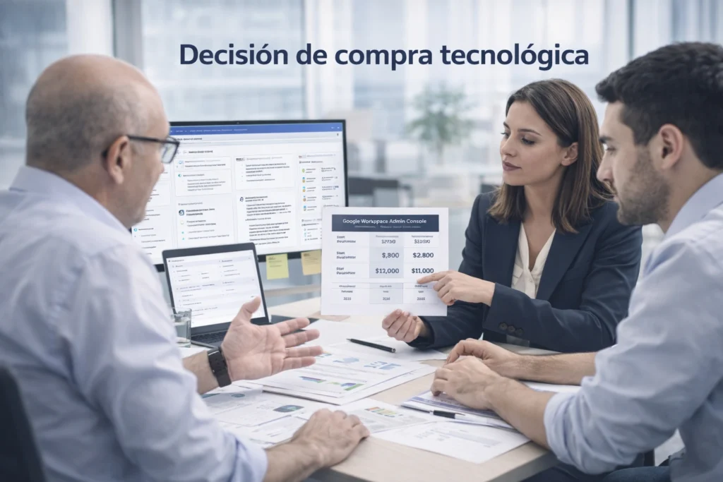 equipo administrativo revisando costos, licencias y soporte digital en oficina moderna