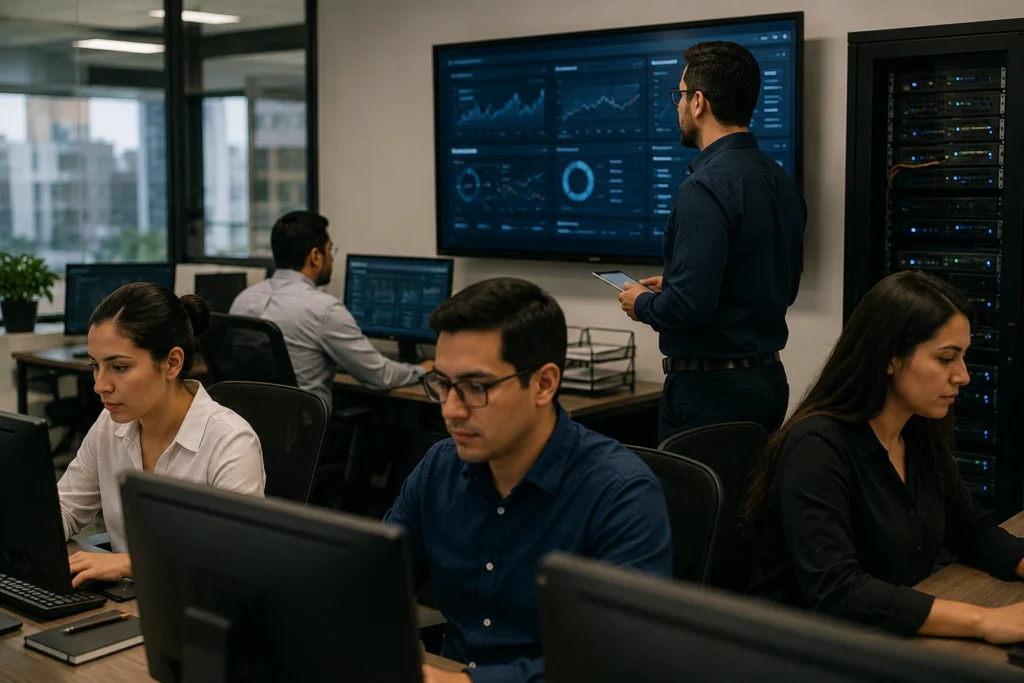 Personal de empresa utilizando aplicaciones administrativas en servidores VPS Windows dentro de un entorno profesional