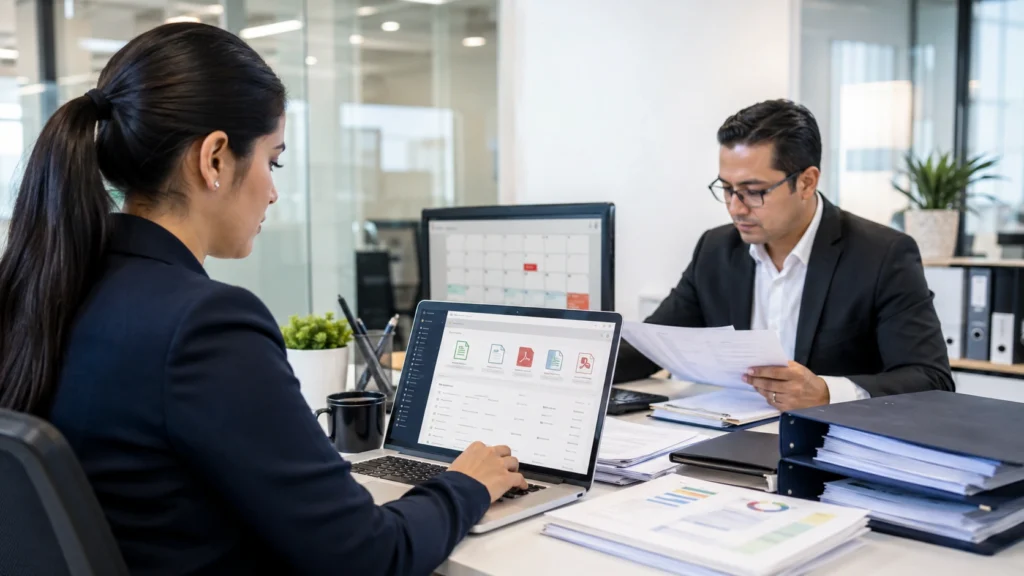 Departamento contable organizando facturas de correo, hosting y servidores