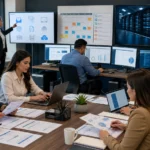 Equipo empresarial mexicano organizando correo, facturación y hosting