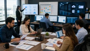 Equipo empresarial mexicano organizando correo, facturación y hosting