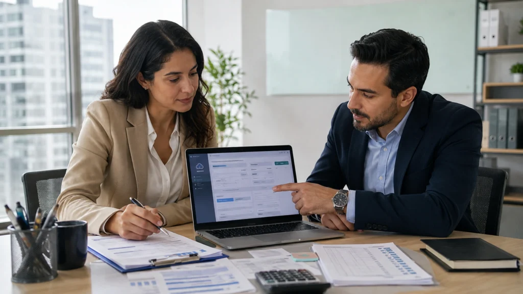 Responsable administrativa validando país, razón social, RFC y perfil de pagos